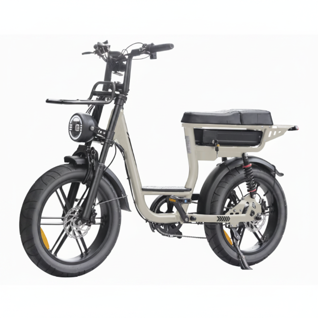 A modern electric bicycle with a beige frame, black tires, a black saddle, and a rear storage rack, shown against a plain white background.