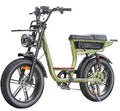 An electric bicycle with a military olive green frame, black tires, a black seat, and a rear storage battery, shown against a plain white background.