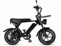 A black Mini electric mini-motorbike with a small seat, front headlight, and fenders, shown from a side profile view against a white background.