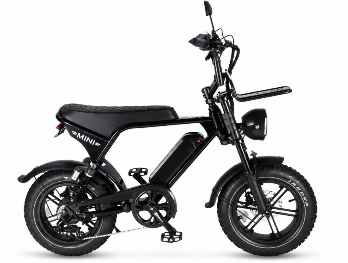 A black Mini electric mini-motorbike with a small seat, front headlight, and fenders, shown from a side profile view against a white background.