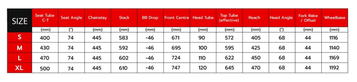Evolve Evo Carbon MTB size and geometry chart