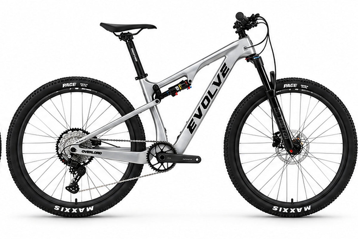 Evolve Evo Carbon MTB silver frame on white studio background