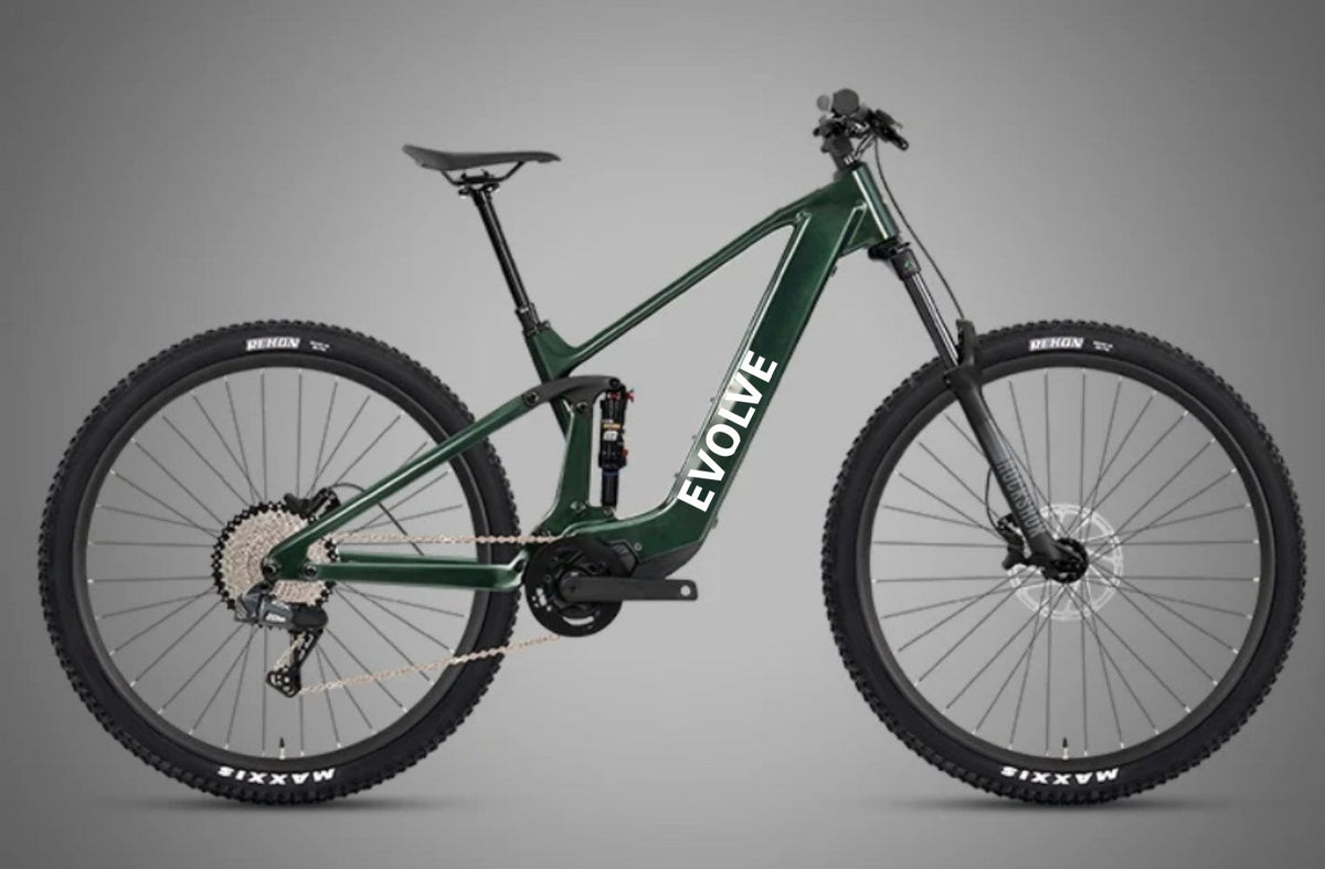 Evolve Evo Carbon EMTB green frame with EVOLVE downtube branding