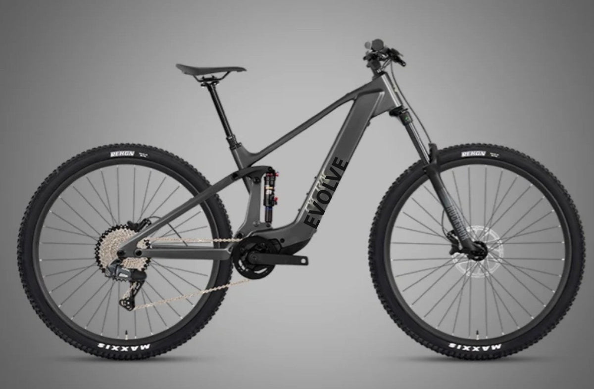 Evolve Evo Carbon EMTB grey frame with EVOLVE downtube branding