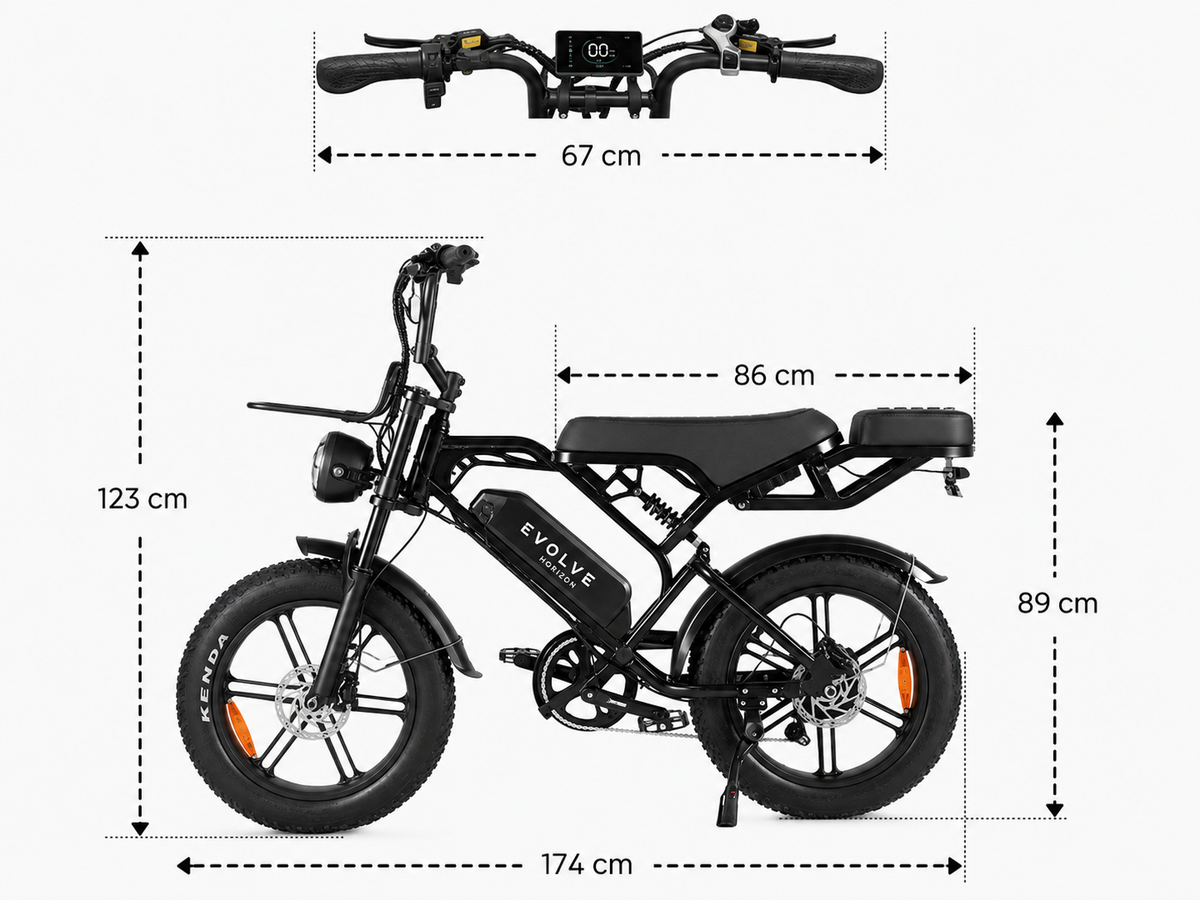 Evolve Horizon dimensions: 174 cm length, 123 cm height, 67 cm handlebar width, 86 cm seat length and 89 cm rear height