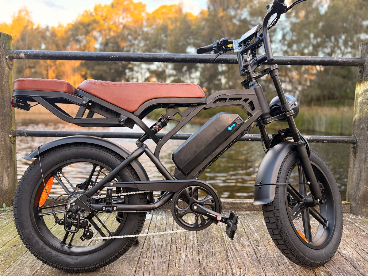 Evolve Horizon black e-bike full side view by the water