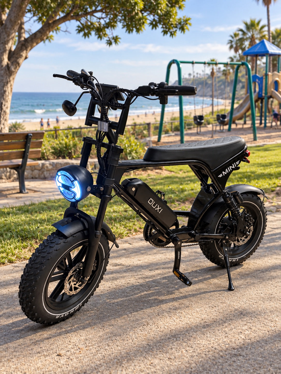 Evolve Mini electric bike at a beachside park