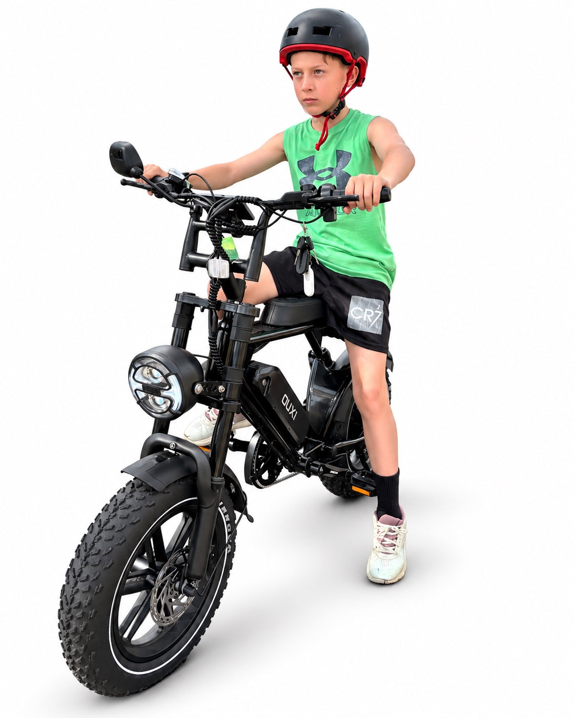 Evolve Mini black e-bike with young rider front view on white studio background
