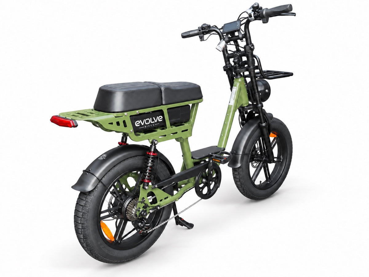 Evolve Roamer electric bike in green - rear three-quarter view