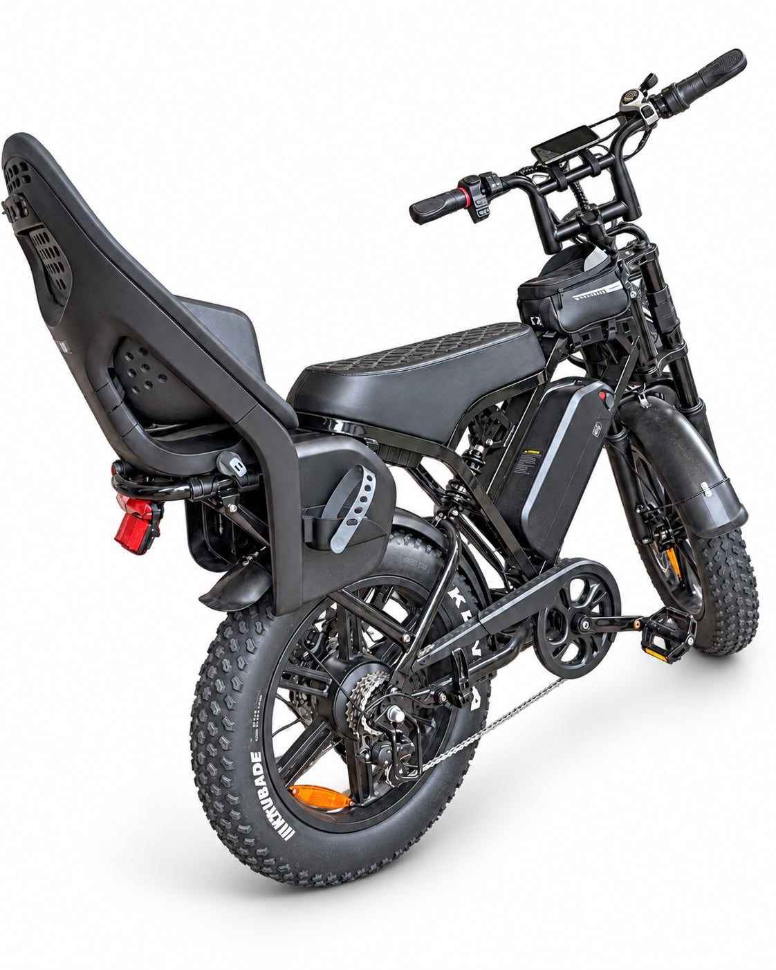 Evolve StreetX electric bike with rear child seat - rear three-quarter view