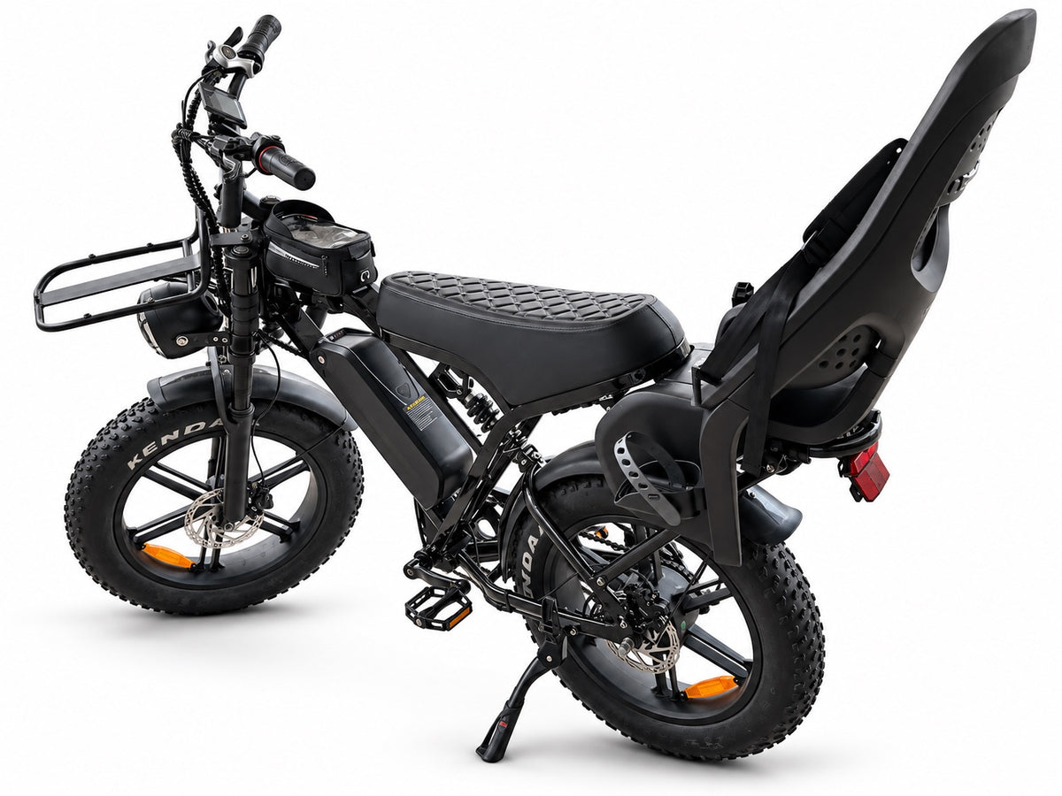 Evolve StreetX electric bike with rear child seat - side rear view